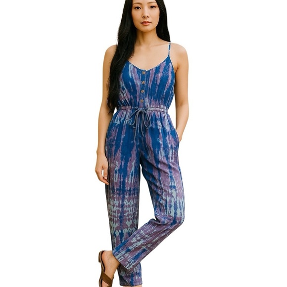 TAMARA CATZ 100% Silk Chiffon Tie Dyed Jumpsuit Straight Leg Blue/Viole…Boho - Picture 1 of 12